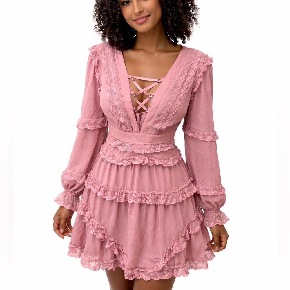 ✅🌹Elegant Pink Lace-Up Dress